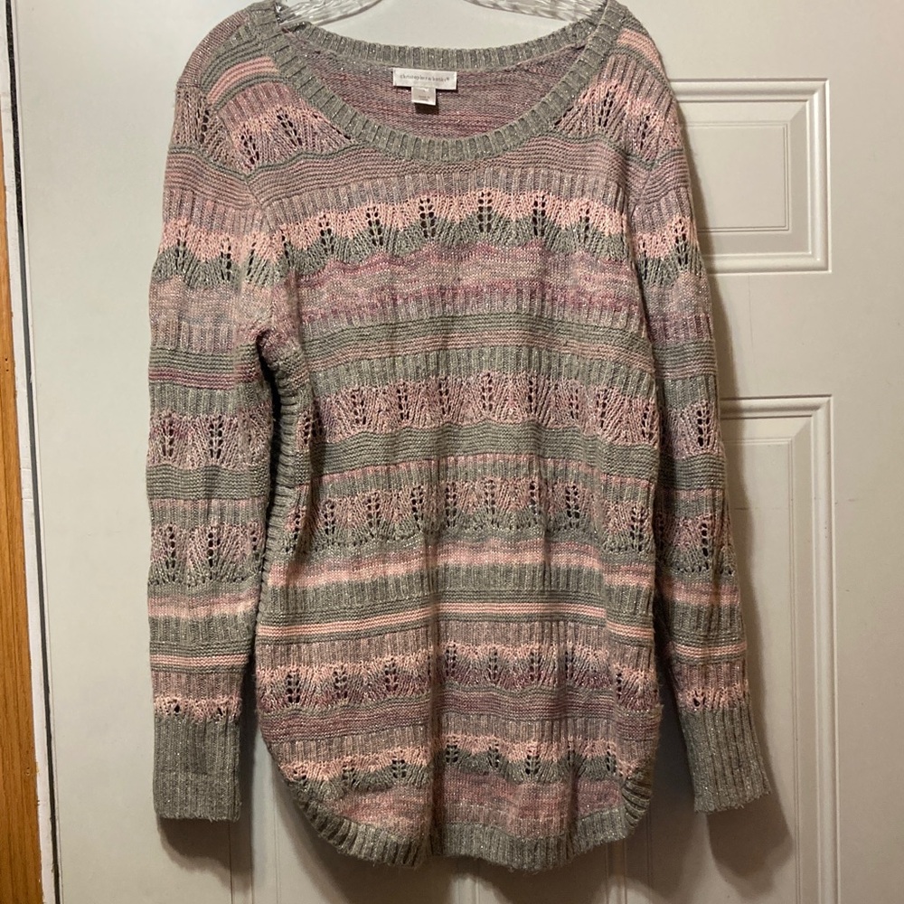Light Pink & Gray Open-Knit Stripe Women's Sweater L
